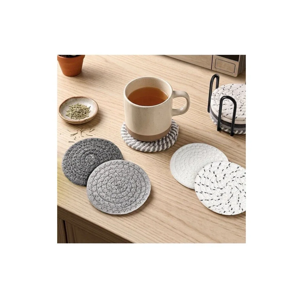 Boho Woven Cotton Coasters with Holder 10 Pack Absorbent Farmhouse Cup Mats